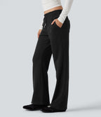 Pantalon décontracté bootcut côtelé, taille basse, cordon et poches