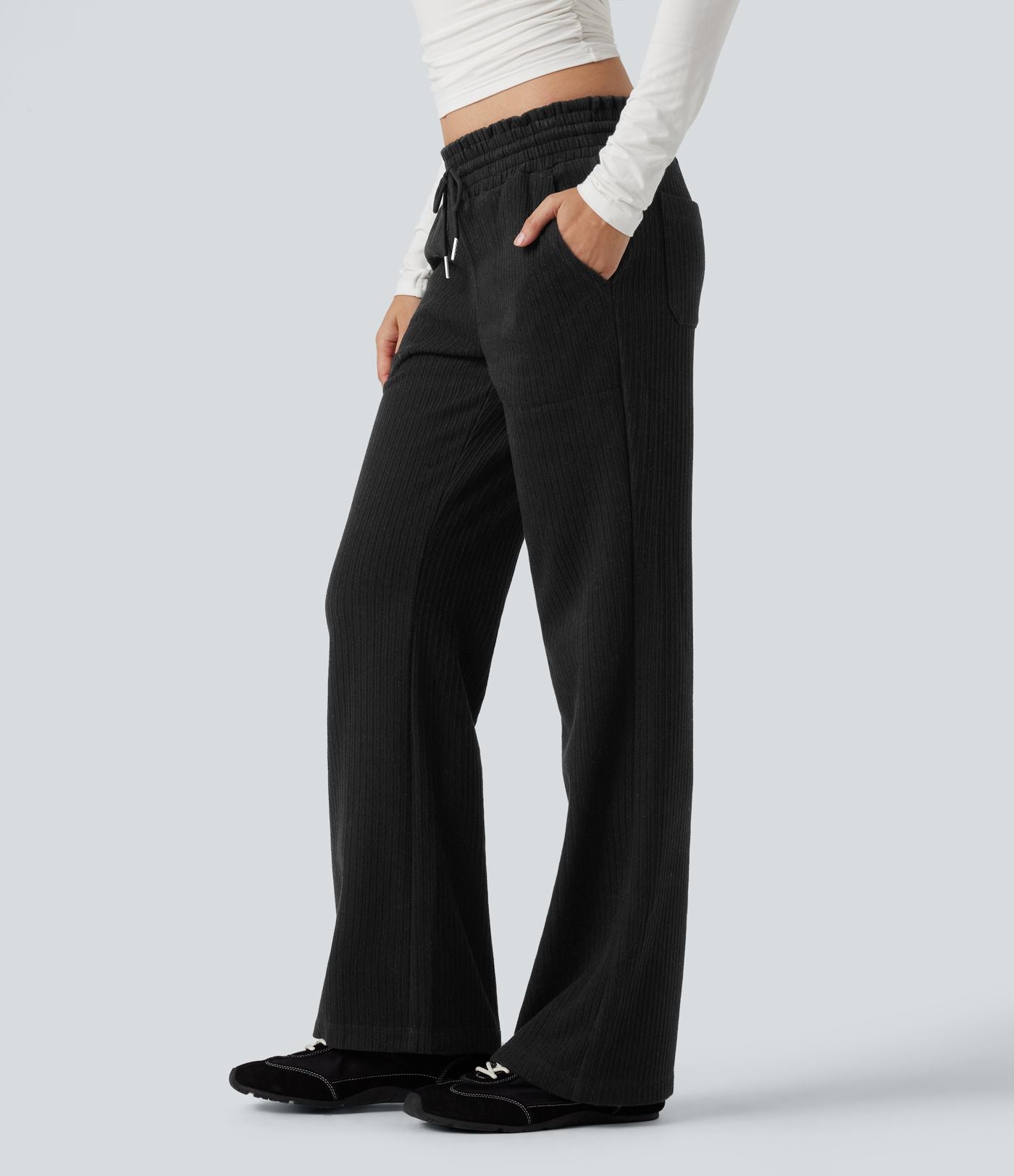 Pantalon décontracté bootcut côtelé, taille basse, cordon et poches