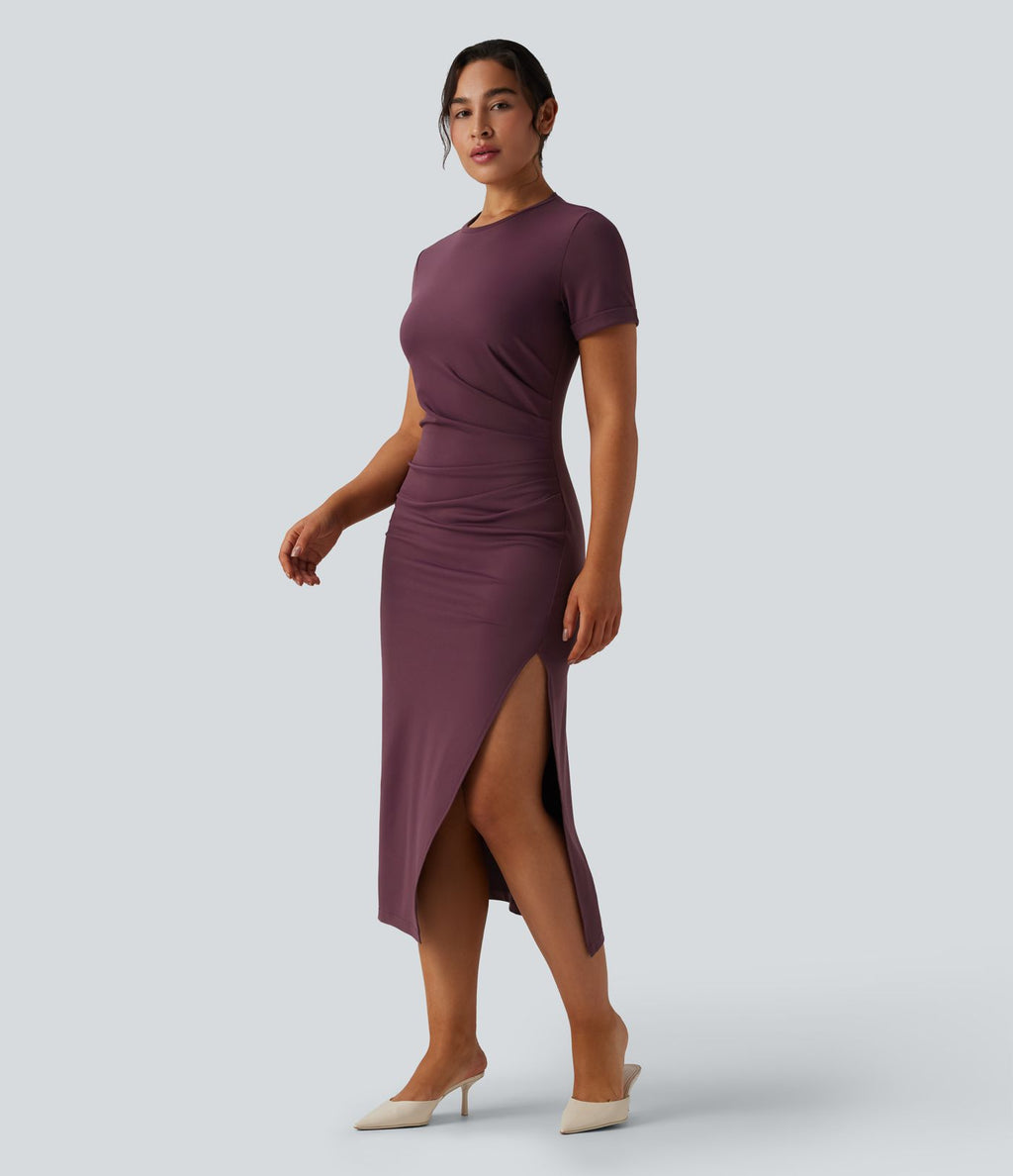 Robe midi décontractée col rond manches courtes