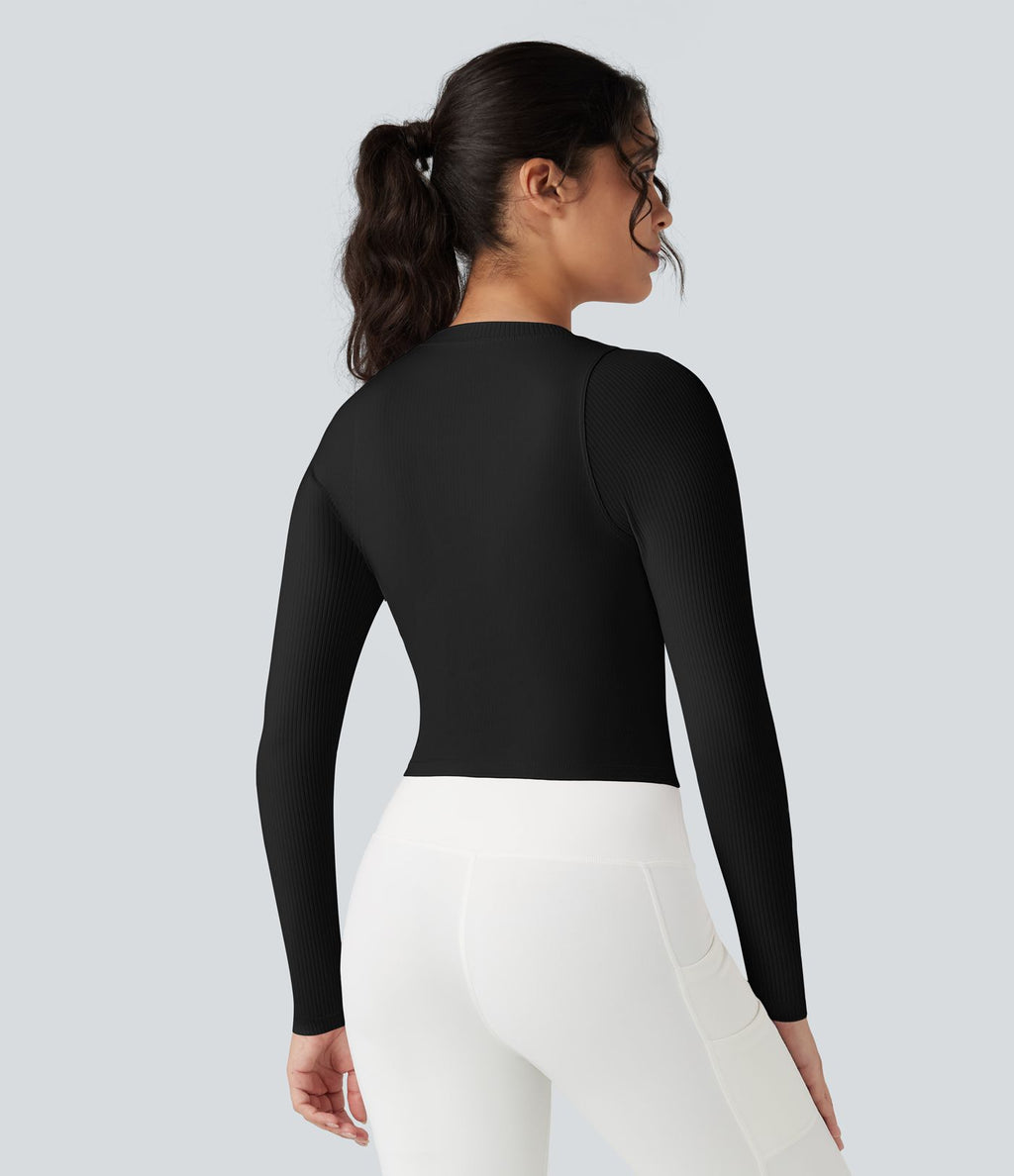 Top de sport yoga ajusté côtelé maille col rond manches longues