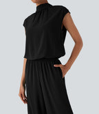 Combinaison pantalon tailleur jambes larges col montant dos goutte d'eau manches courtes avec poches latérales