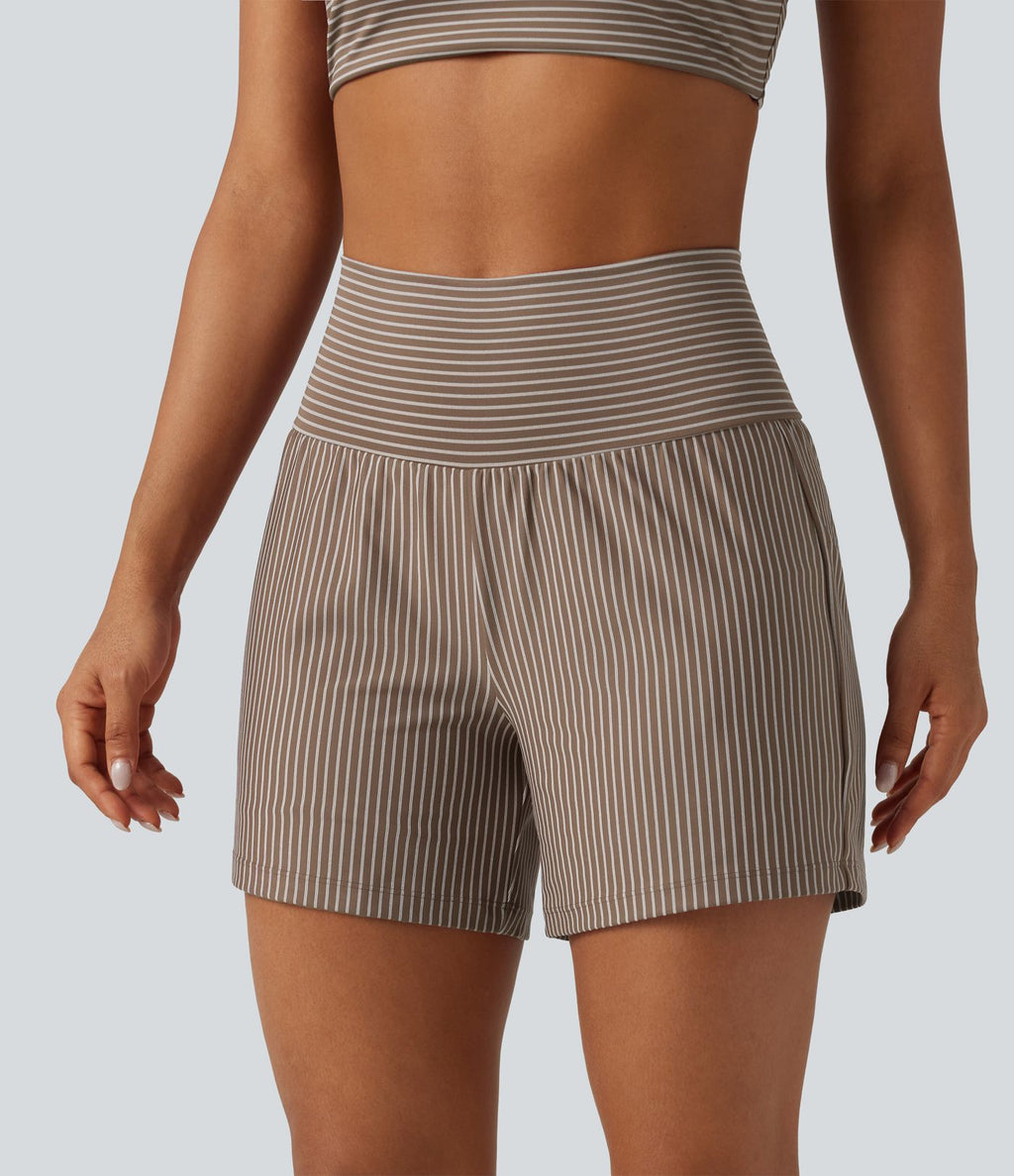 Short de yoga 2-en-1 à rayures, taille très haute, 12,5 cm, à poches