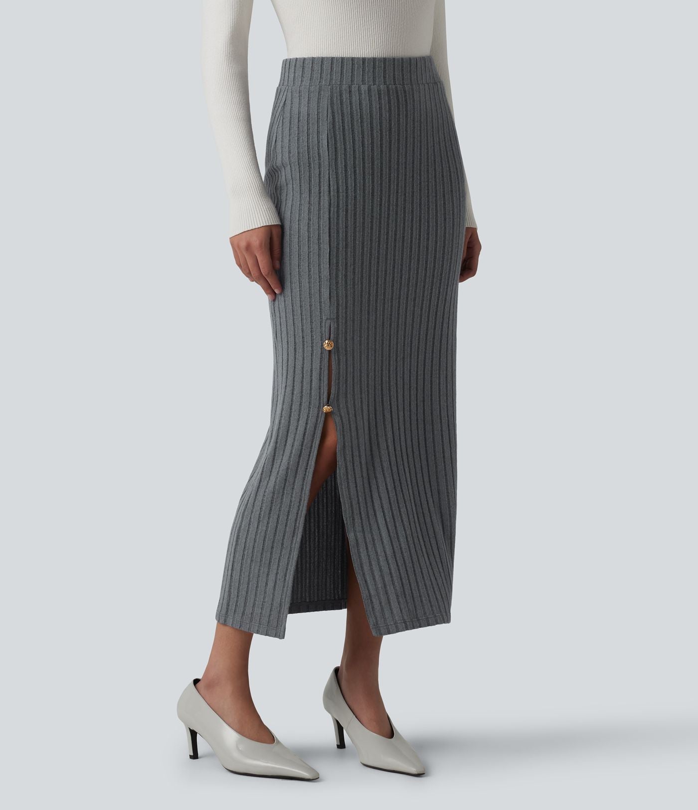 Jupe midi de bureau taille haute en maille côtelée