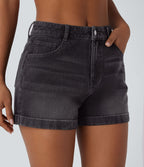 Short 7,5 cm décontracté en jean extensible Halara Flex™ taille moyenne avec boutons, zip et multiples poches