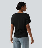 T-shirt décontracté uni à manches courtes, col V et fronces