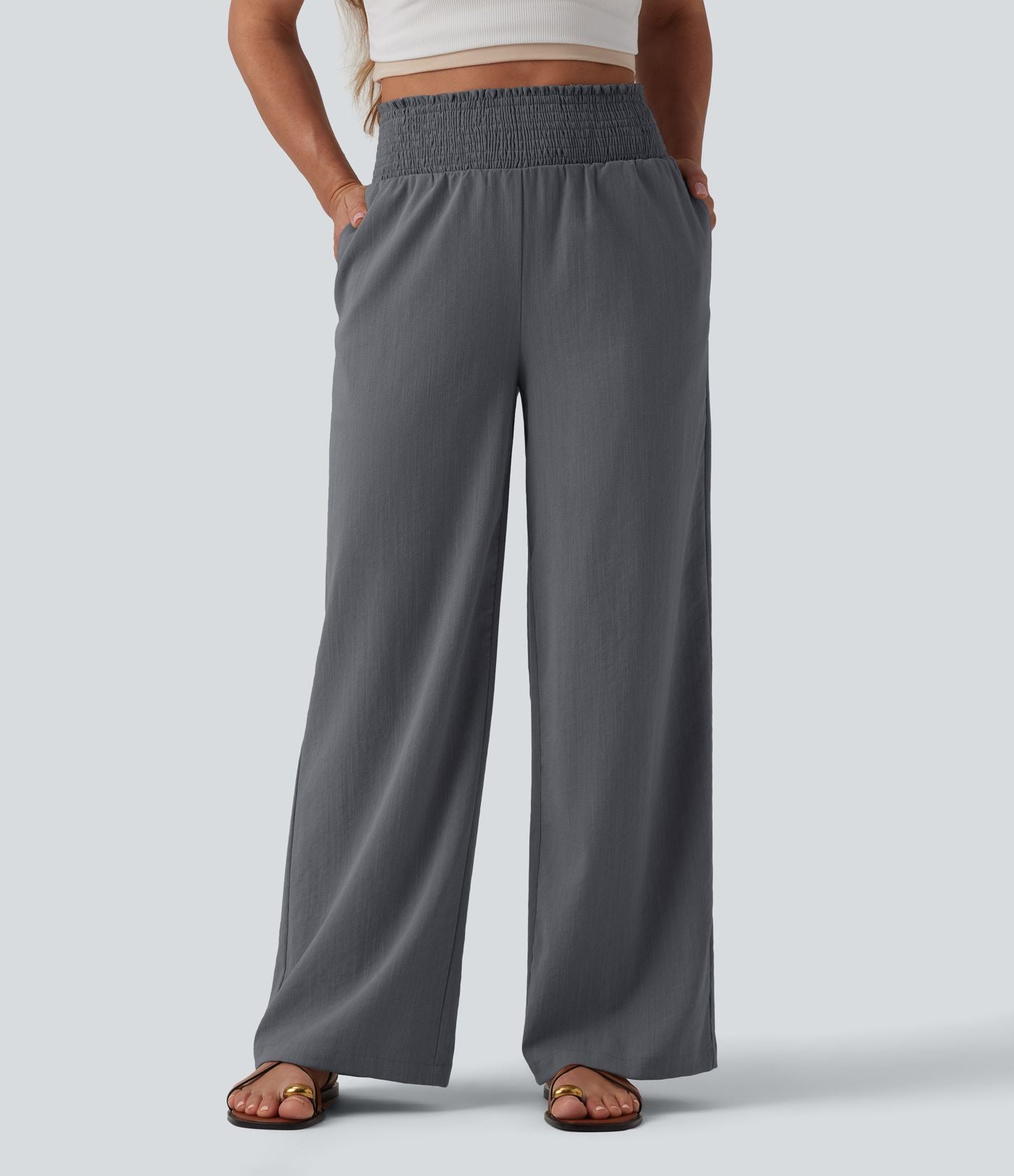 Pantalon large décontracté froncé taille haute aspect lin avec poches
