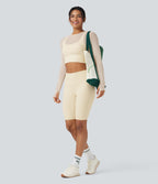 Haut de sport yoga cropped 2-en-1 manches longues mesh contrastant à trous pouces