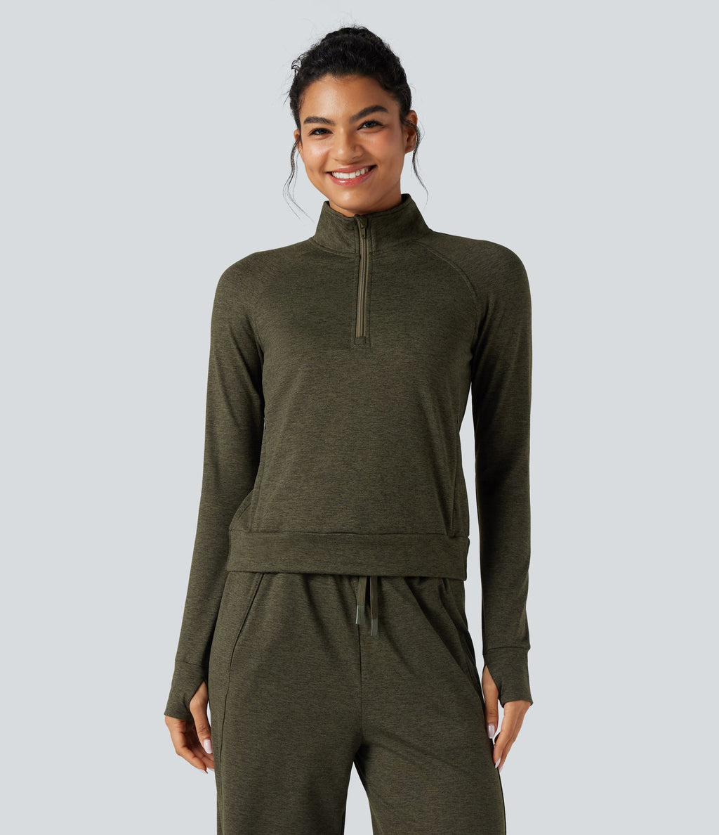 Sweat-shirt polaire thermique chiné séchage rapide demi-zip avec trous pouces et poches - UPF40+