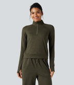 Sweat-shirt polaire thermique chiné séchage rapide demi-zip avec trous pouces et poches - UPF40+