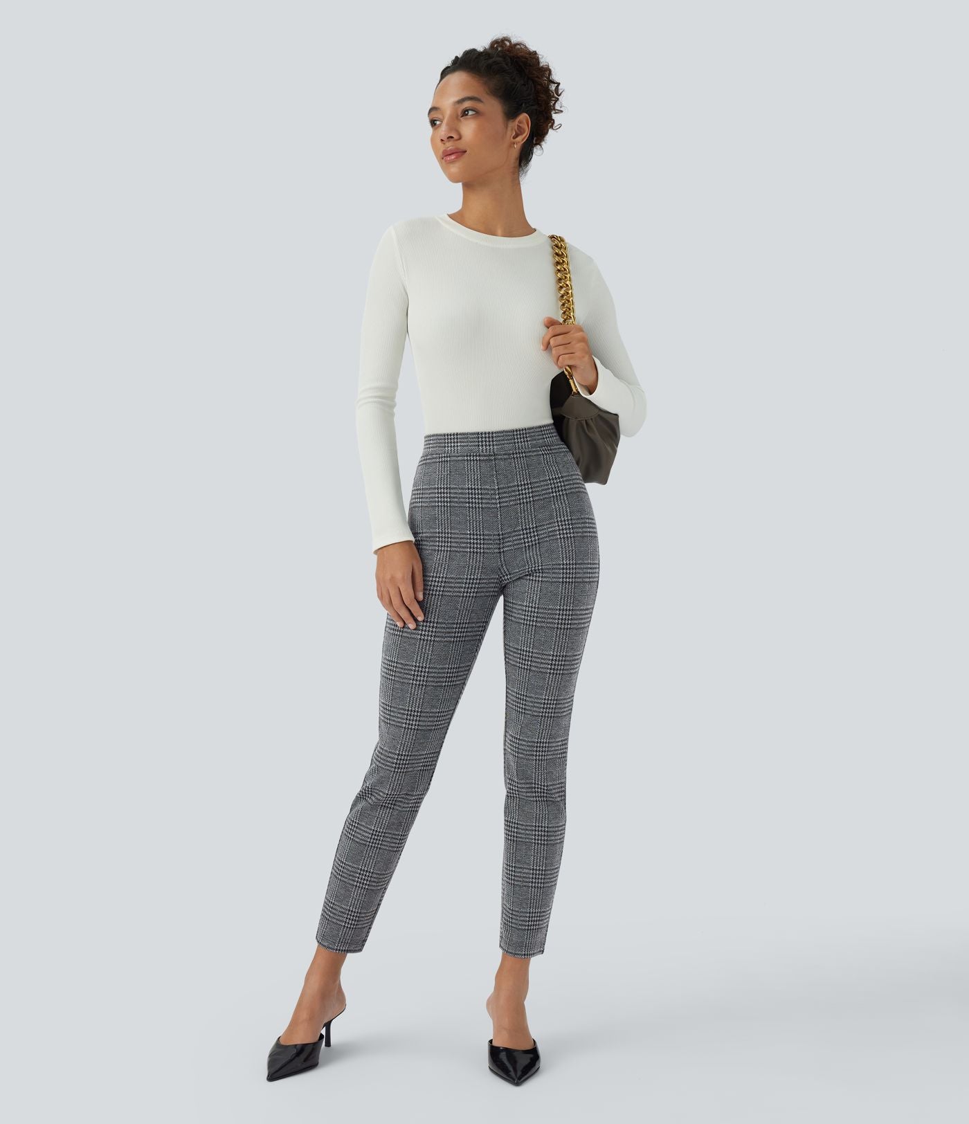 Halara Flex™ Pantalon skinny tailleur taille haute à motif pied-de-poule avec poches arrière