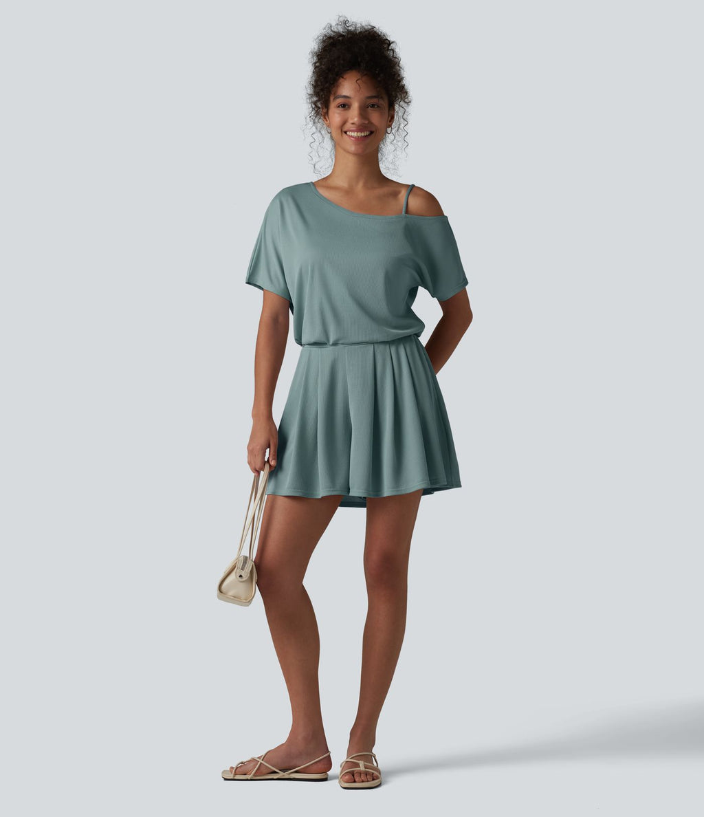 Combishort casual asymétrique manches courtes plissé en nid d'abeille avec poches - Édition Easy Peasy