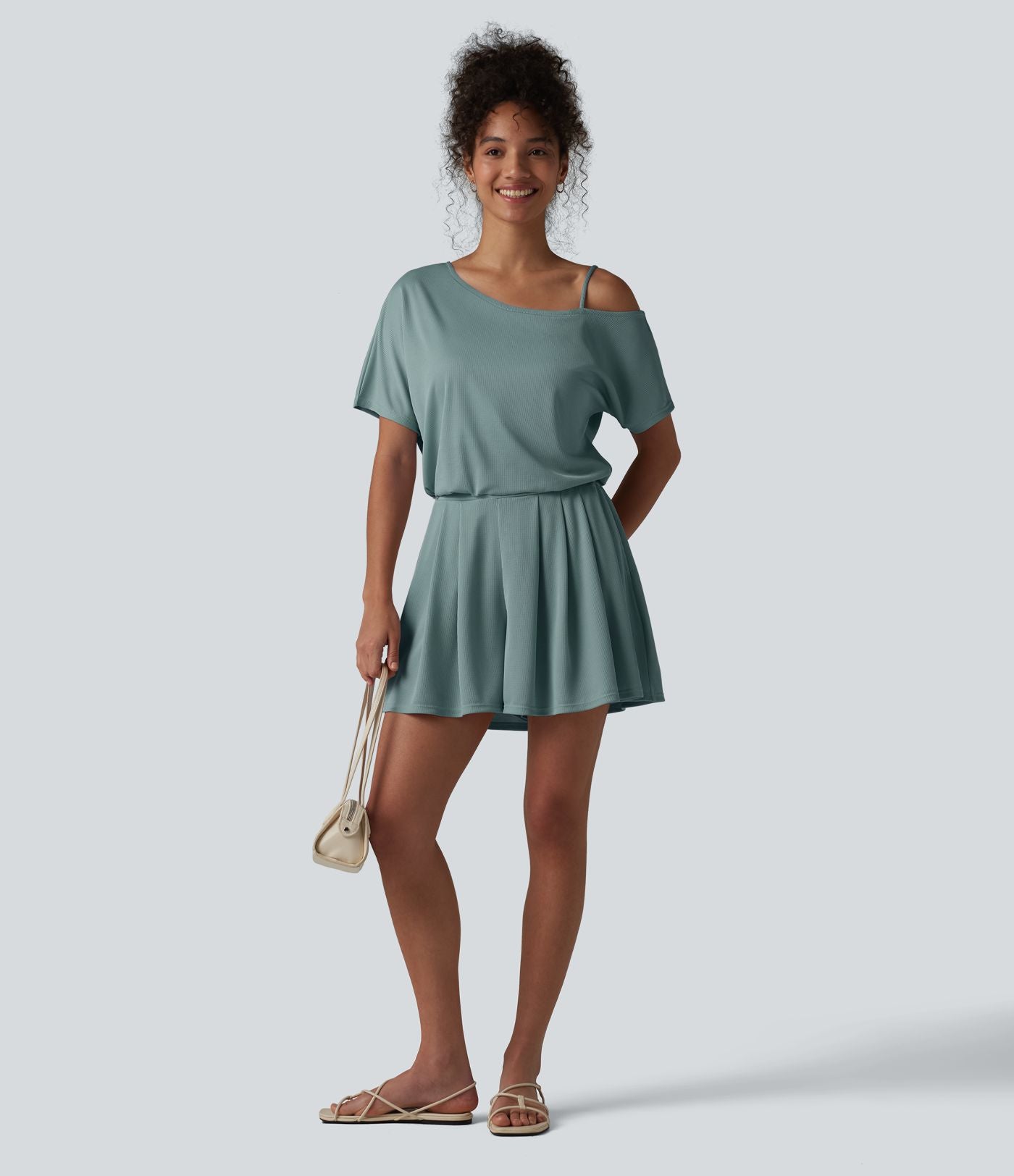 Combishort casual asymétrique manches courtes plissé en nid d'abeille avec poches - Édition Easy Peasy