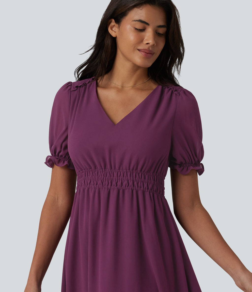 Robe décontractée fluide mi-longue col V manches bouffantes taille froncée