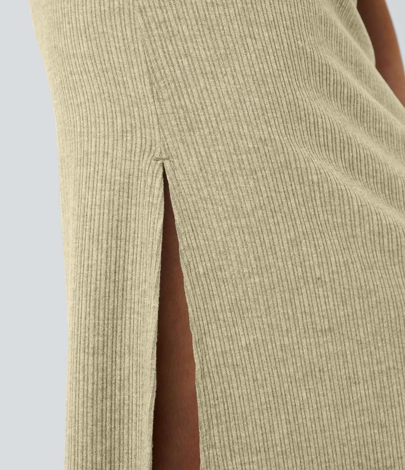 Jupe Casual Maxi à Taille Haute et Ourlet Fendu en A-Line en Côtes