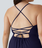 Breezeful ™ Robe Casual Grande Taille Maxi à Dos Nu Croisillons Lacés Fermeture Éclair Latérale Volants et Ourlet Fendu à Séchage Rapide