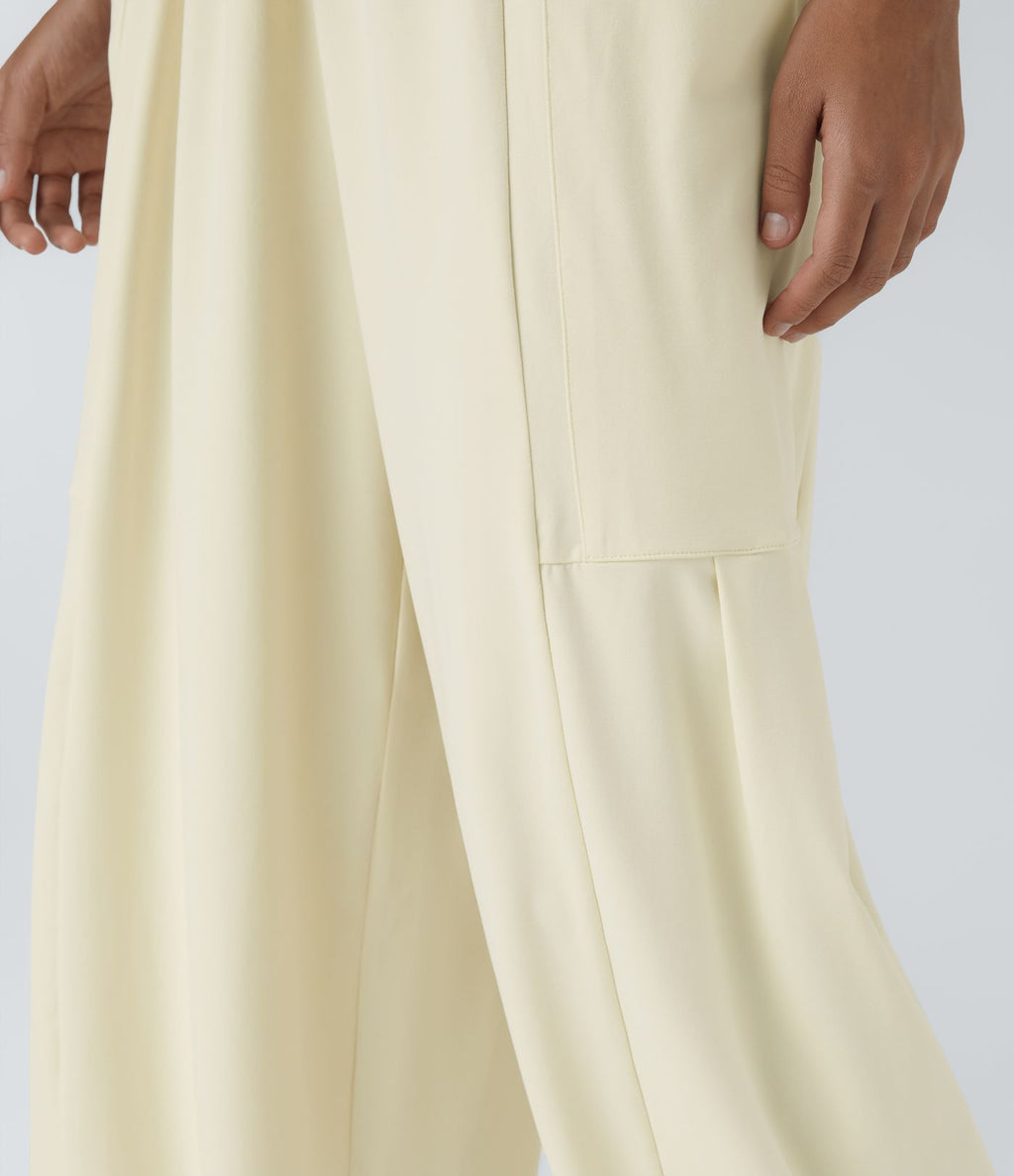 Pantalon Large Fluide Taille Mi-Haute Taille Élastique Cordon Poches Latérales Ourlet Flottant