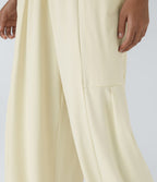 Pantalon Large Fluide Taille Mi-Haute Taille Élastique Cordon Poches Latérales Ourlet Flottant