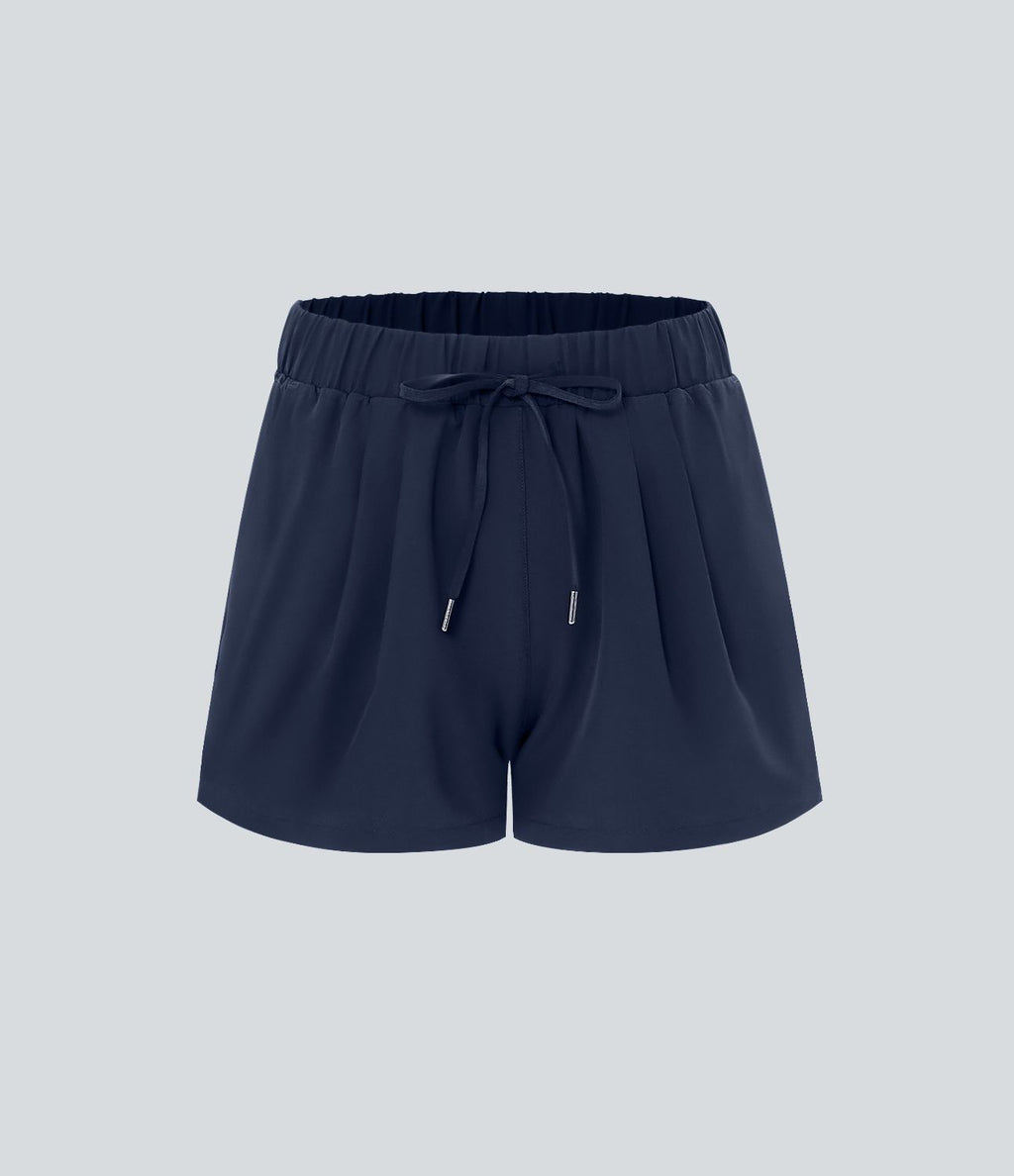 Short 7,5cm Casual à Taille Moyenne avec Ceinture Élastique Cordon de Serrage et Poches Latérales Ruchées