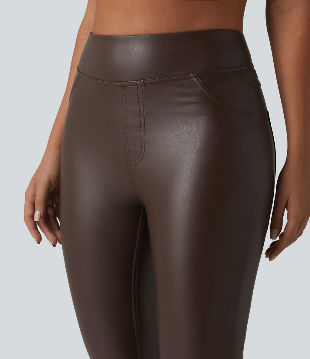 Pantalon skinny casual taille haute en simili cuir extensible avec poches