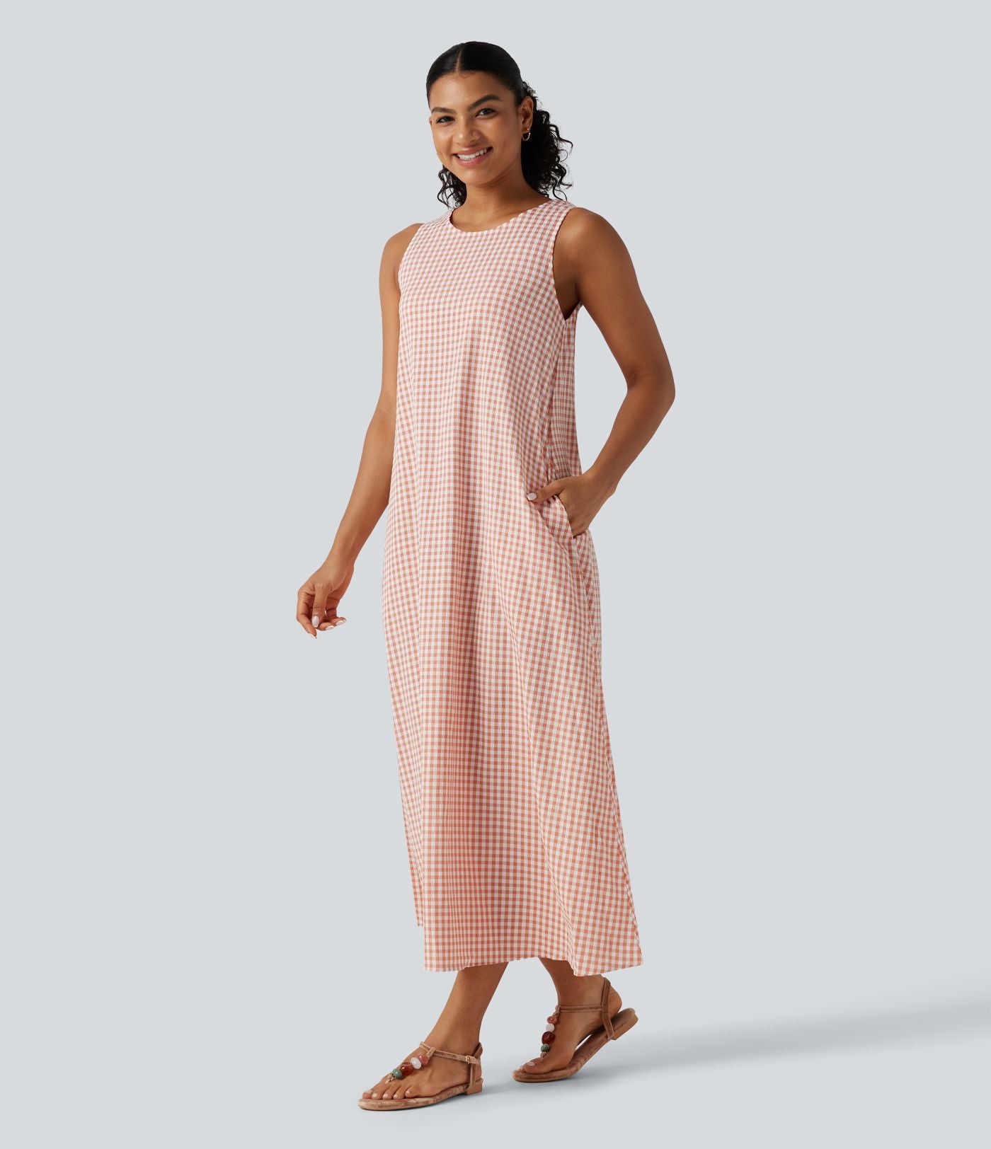 Robe débardeur midi décontractée col rond sans manches en vichy froissé avec poches