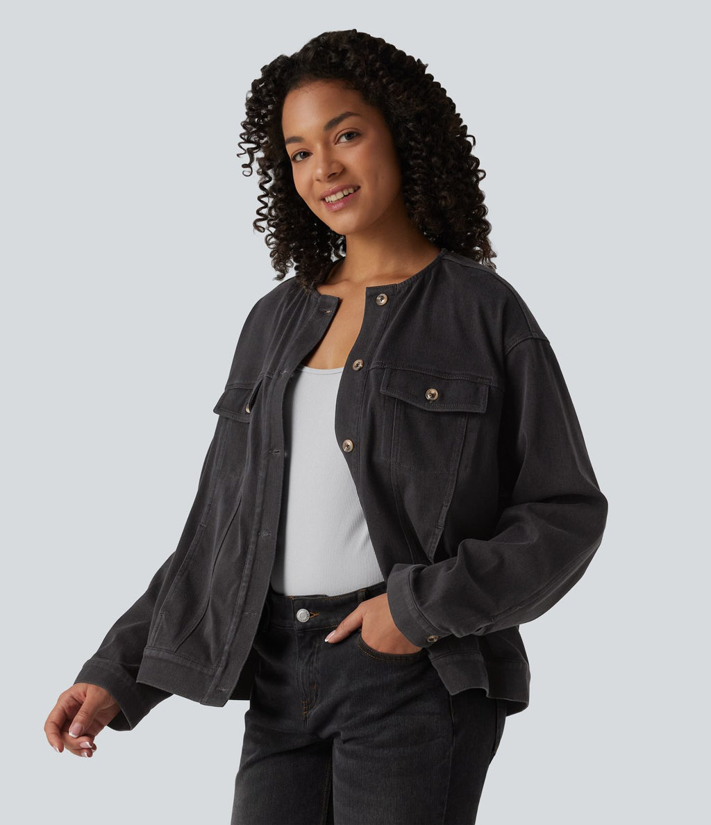 Halara Flex™ Veste décontractée en jean col rond manches longues avec poches