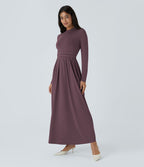 Robe longue décontractée à col montant, manches longues, plissée, avec poches latérales et coupe évasée