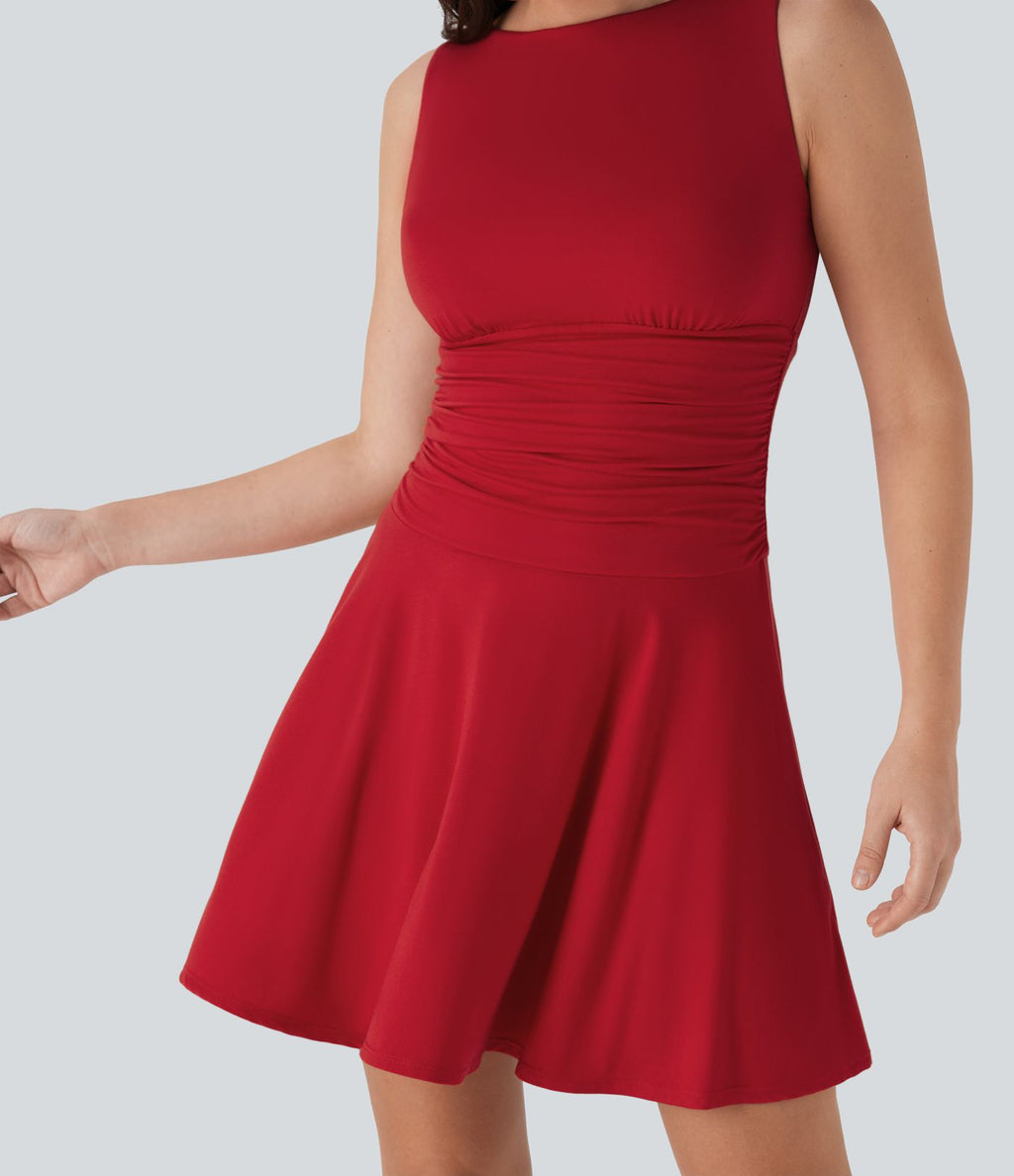 Mini-robe décontractée fluide à encolure bateau, sans manches et fronces