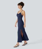 Robe Soirée Midi Encolure Côtelée Dos Nu Lacets Croisés Fendue