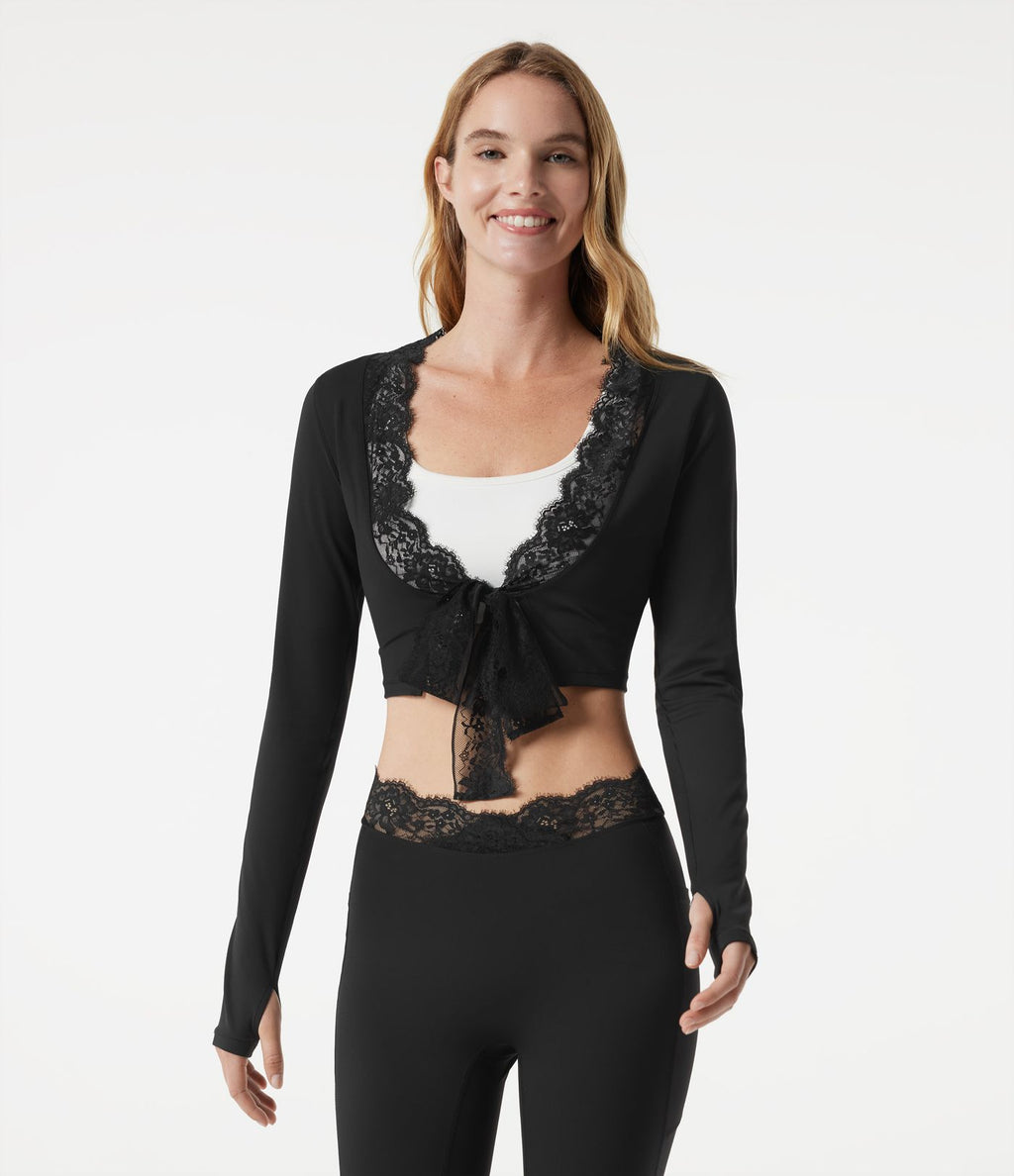 Haut yoga crop top SoftlyZero™ Plush à manches longues avec passe-pouces, nœud devant et dentelle contrastée