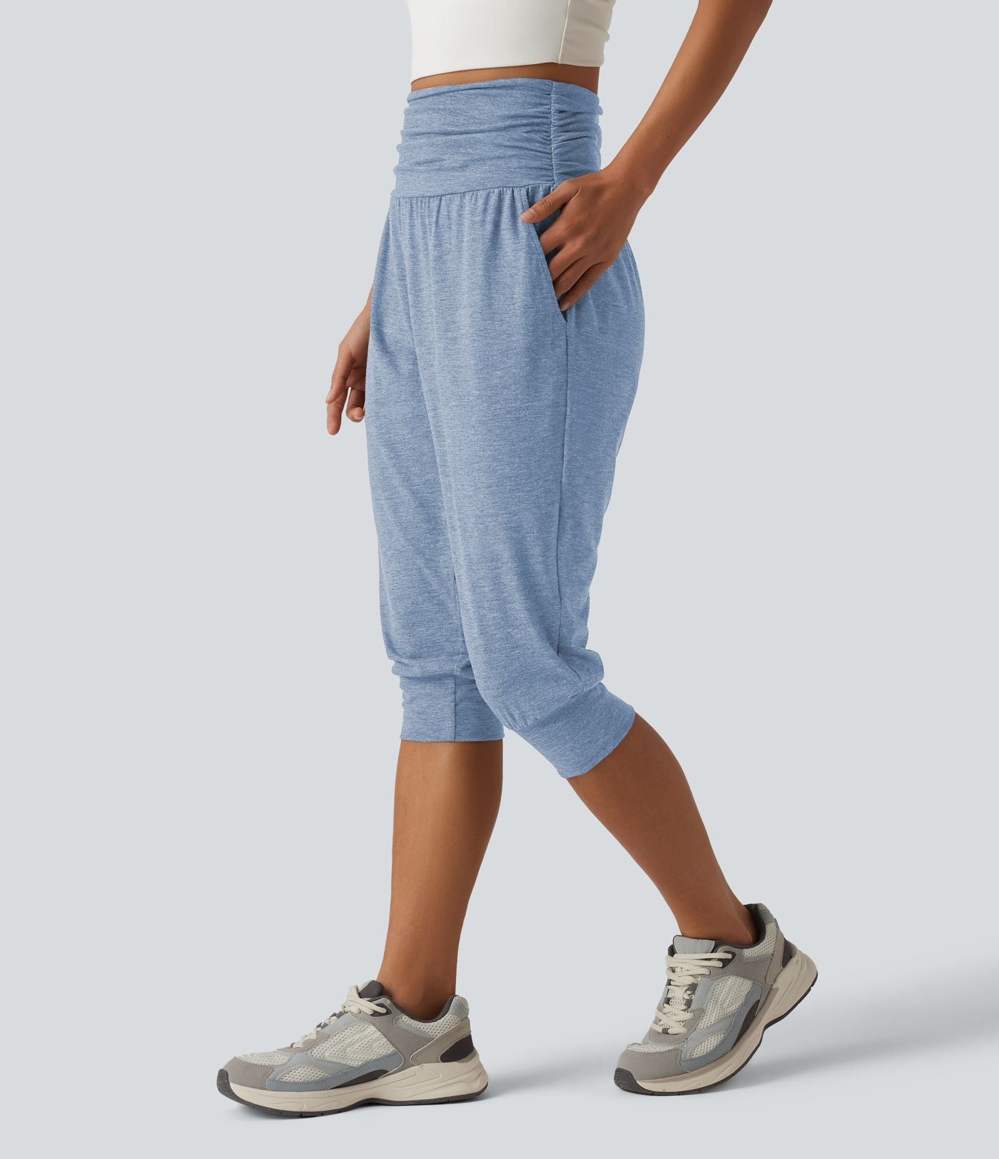 Jogging yoga corsaire chiné taille haute à fronces avec poches