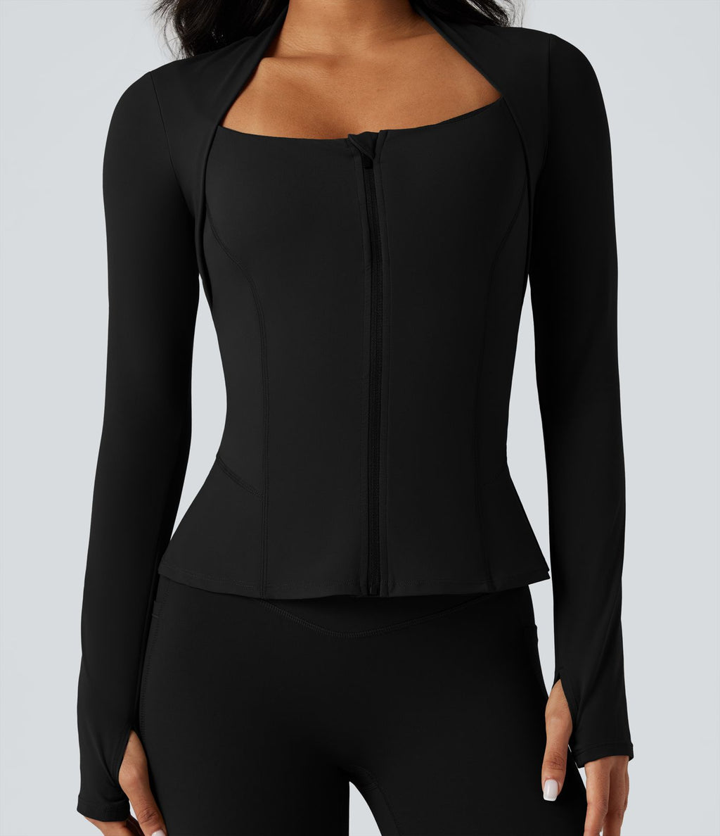 Veste yoga push-up zippée à manches longues avec passants pouces et ourlet à volants Halara UltraSculpt™