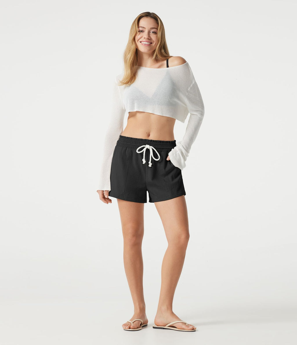 Short décontracté taille basse à cordon de serrage, aspect lin, avec poches