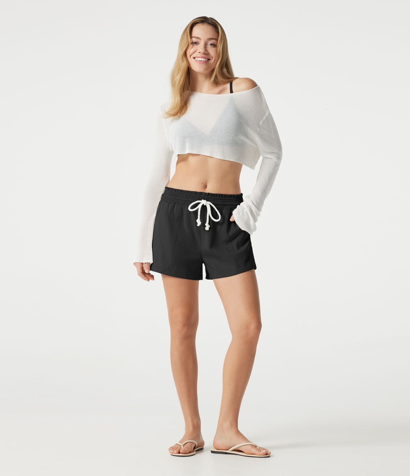 Short décontracté taille basse à cordon de serrage, aspect lin, avec poches