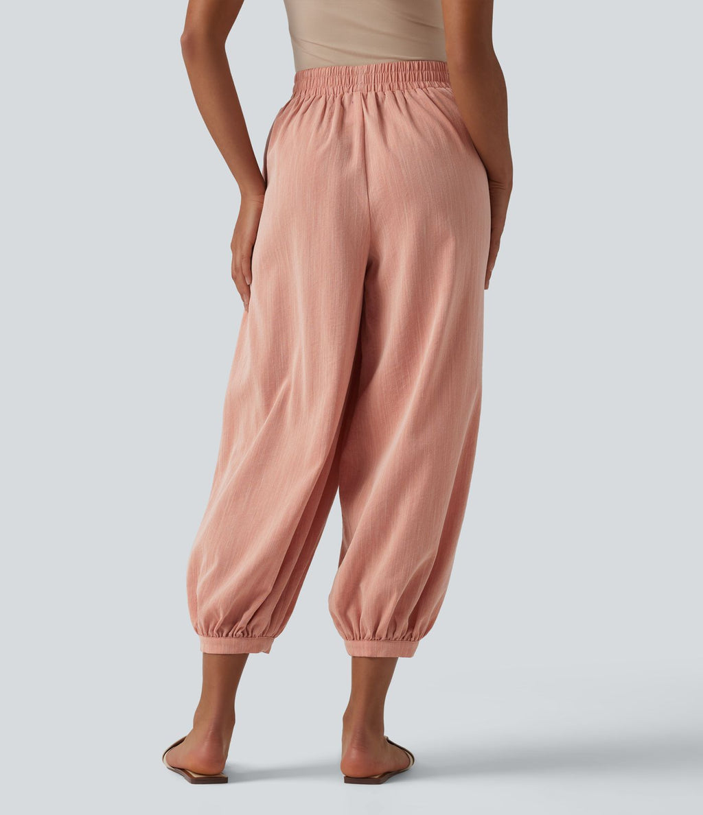 Pantalon décontracté coupe ballon taille haute aspect lin avec poches