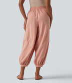 Pantalon décontracté coupe ballon taille haute aspect lin avec poches