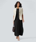 Robe longue fluide décontractée maille côtelée col rond manches 3/4 avec poches