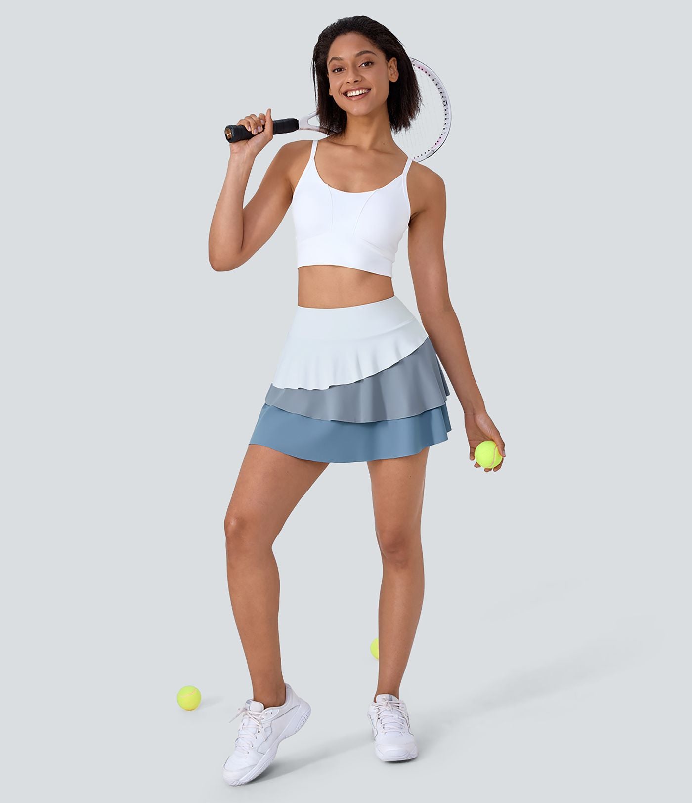 Jupe Tennis A-line Taille Haute à Poches et à 3 Couches de Volants 2 en 1