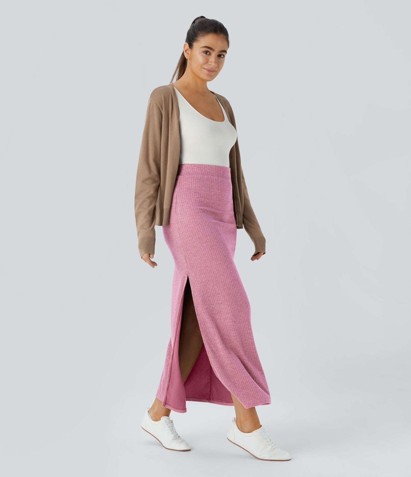 Jupe Casual Maxi à Taille Haute et Ourlet Fendu en A-Line en Côtes