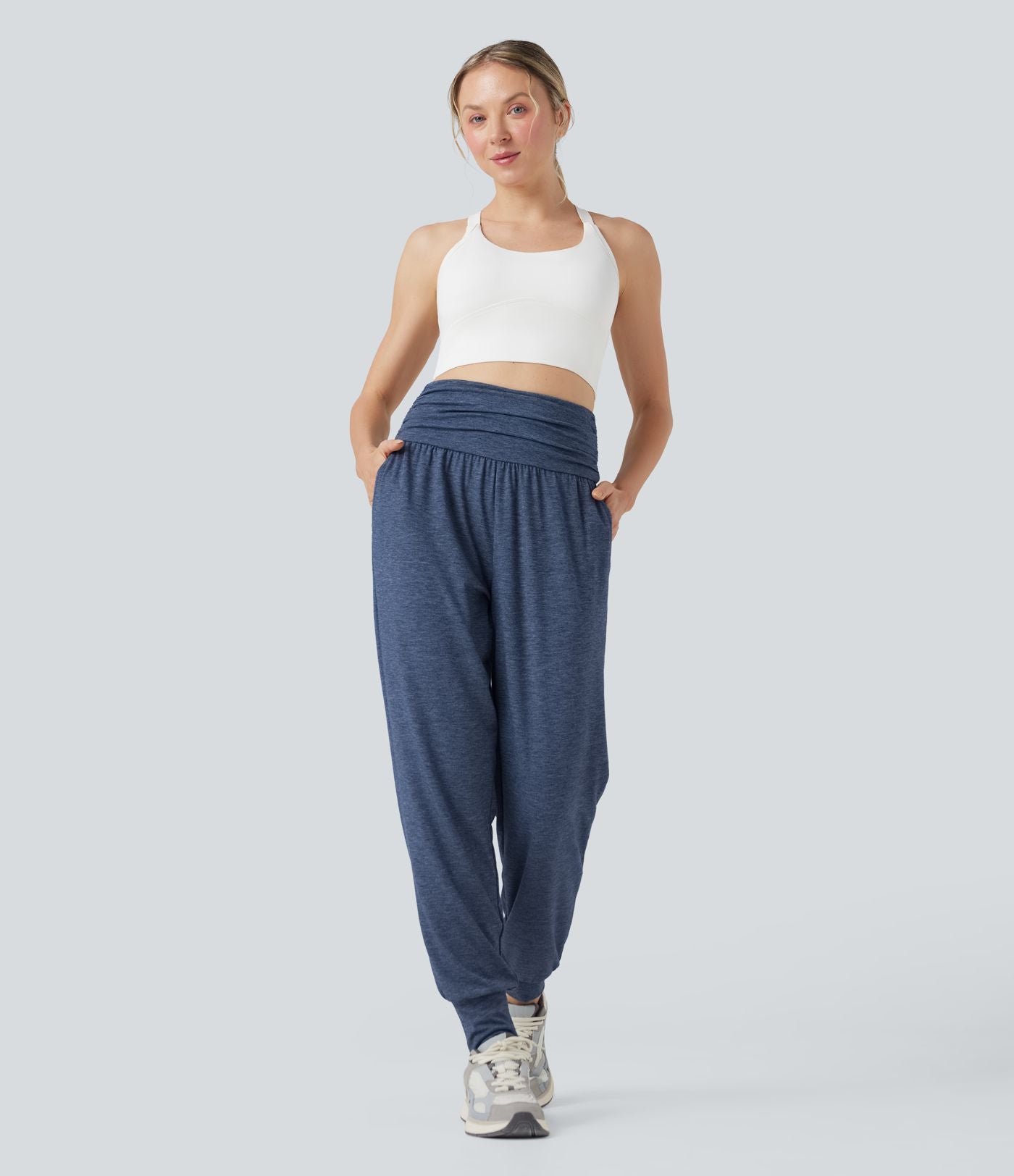 Jogging taille haute froncé chiné avec poches