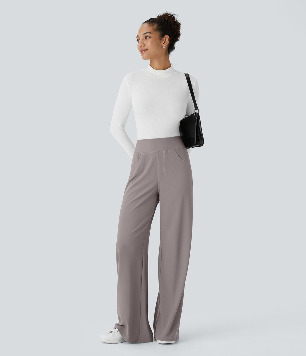 Pantalon tailleur large gainant taille haute en micro-gaufré avec poches Halara Flex™