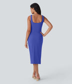 Robe moulante mi-longue SoftlyZero™ Airy col carré corset froncée effet frais InstantCool, bonnets E-G