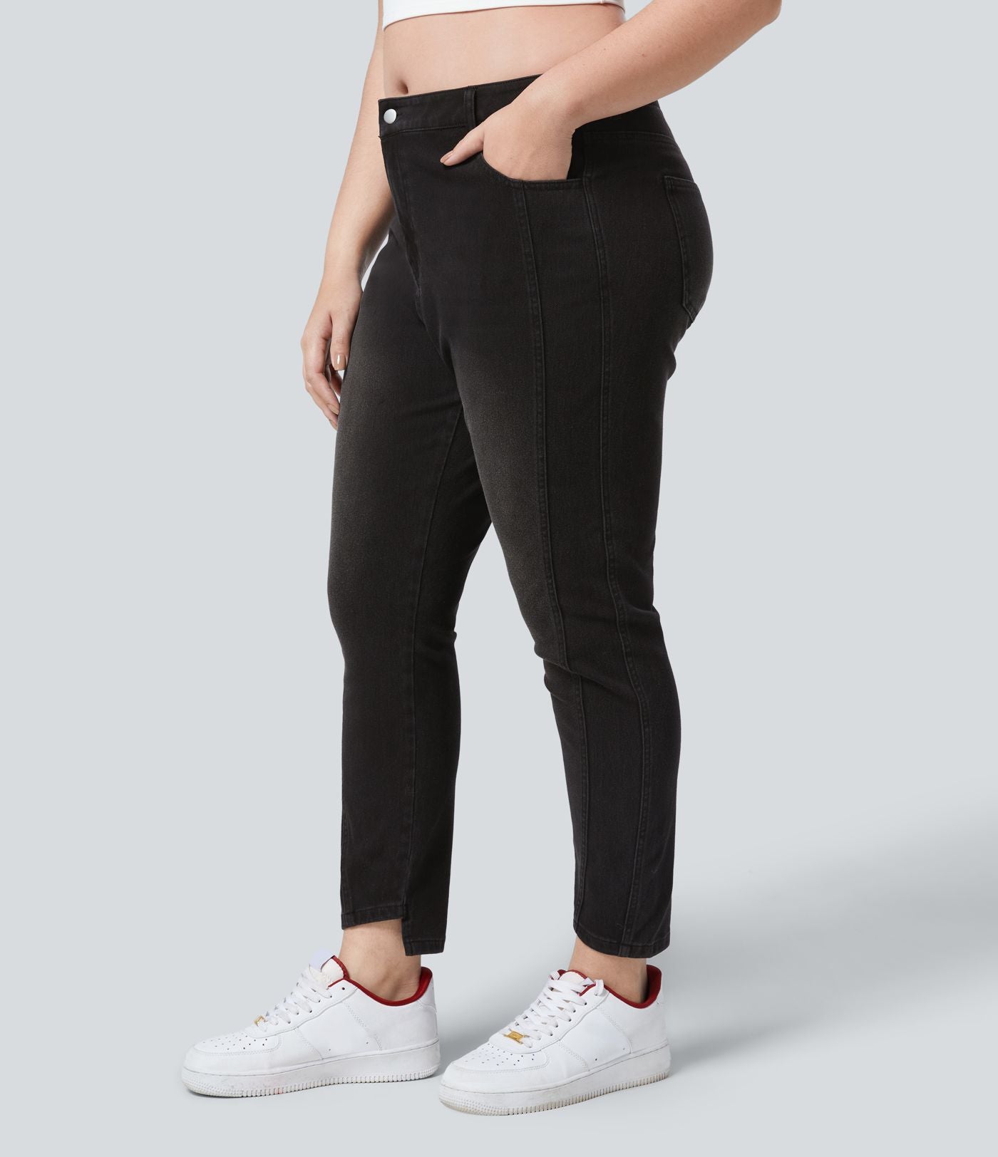Halara Flex™ Jean Skinny Grande Taille Casual en Tricot Extensible Taille Mi-Haute avec Bouton et Fermeture Éclair et Plusieurs Poches