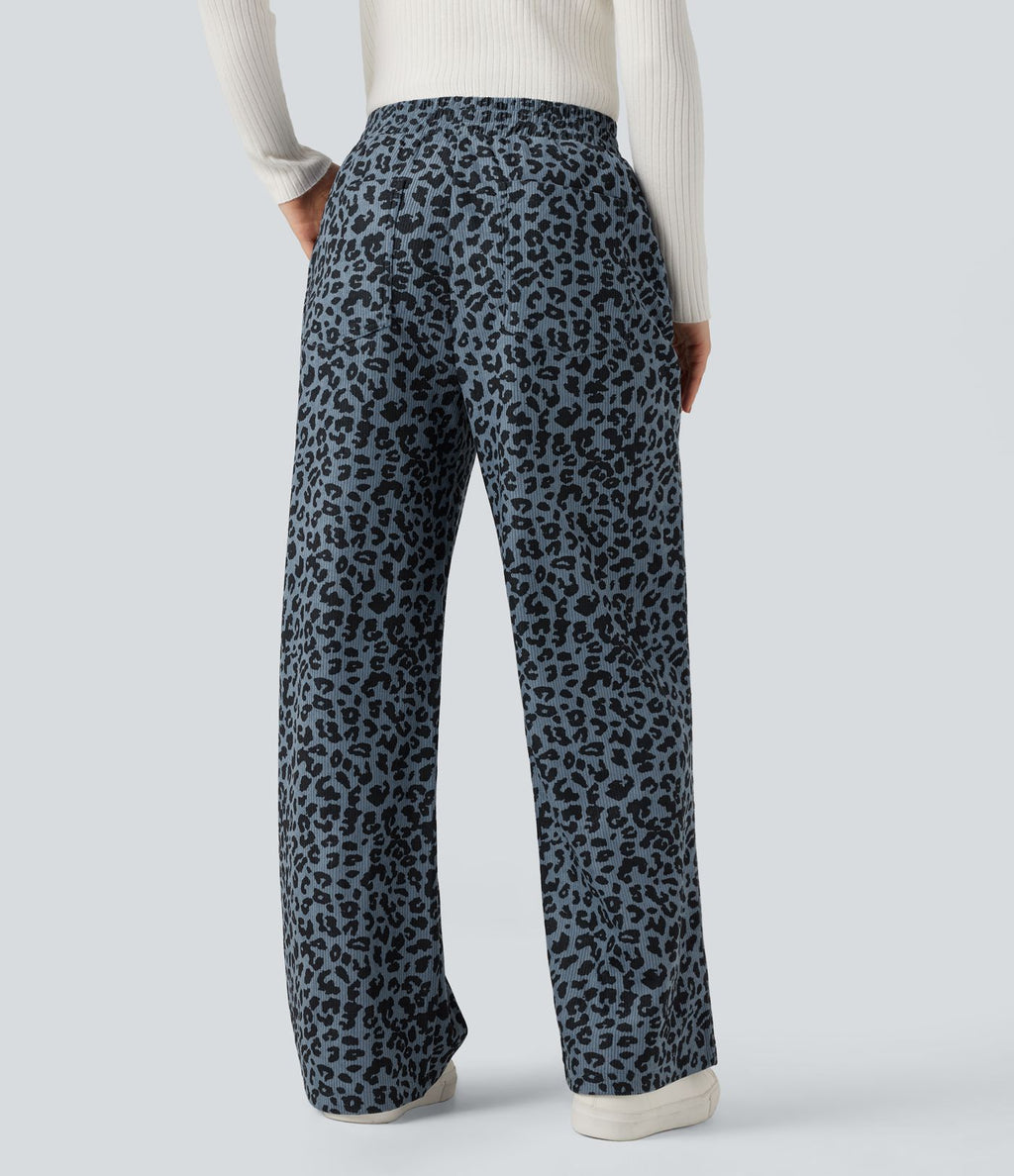 Pantalon léopard ample décontracté velours côtelé imprimé taille haute avec poches