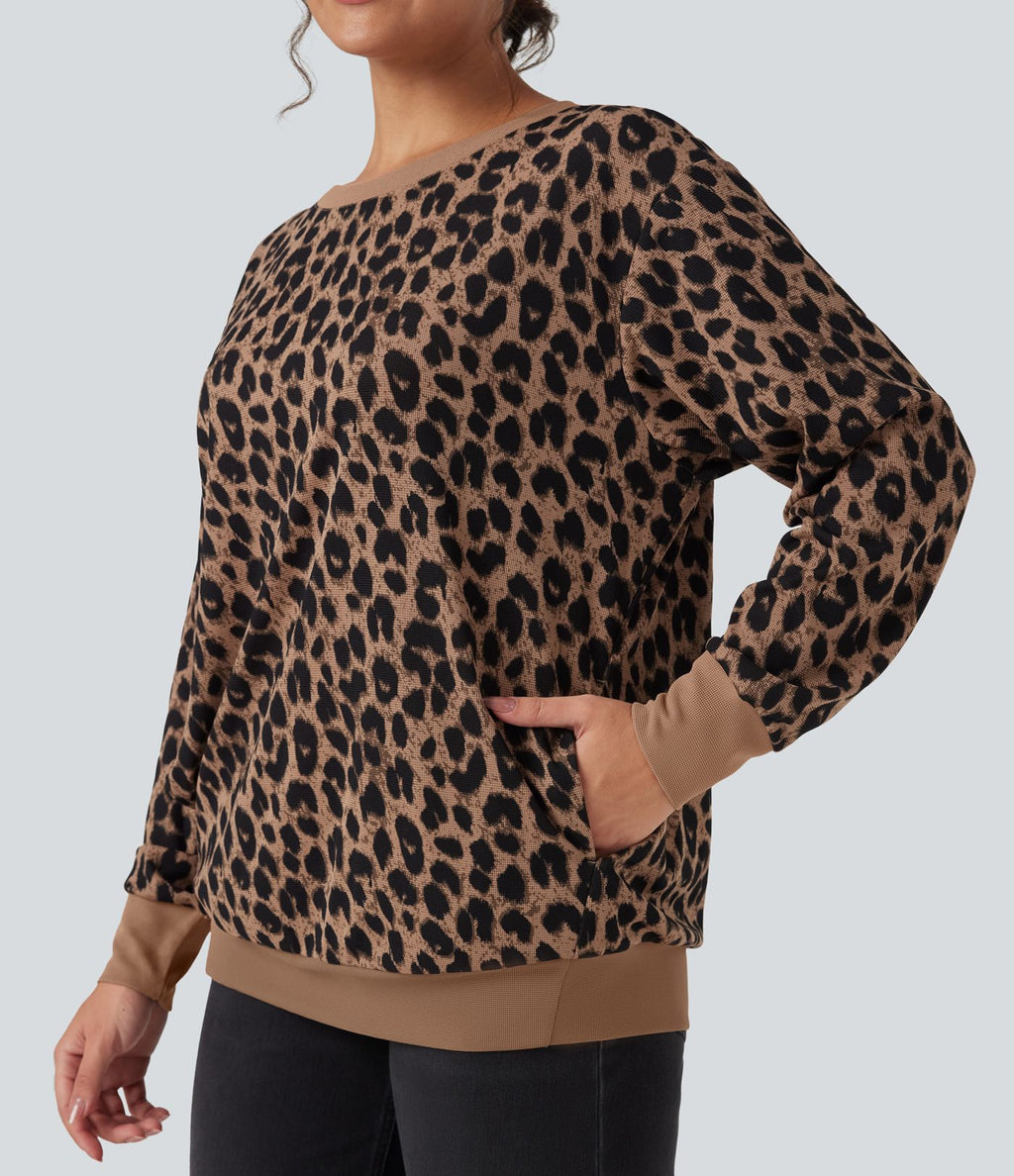 Sweat décontracté oversized col rond manches longues maille gaufrée léopard avec poches