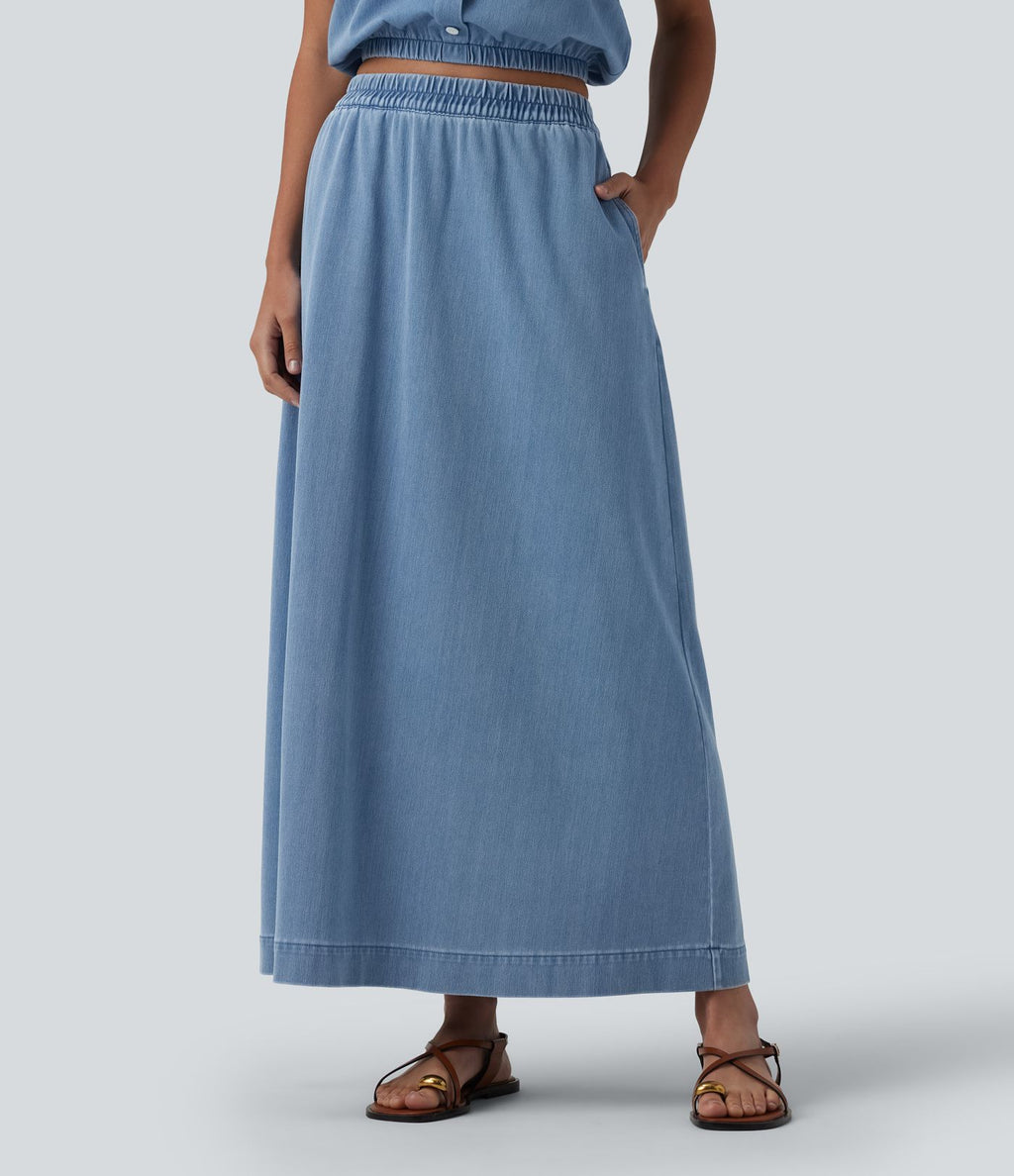 Jupe longue décontractée évasée Halara Flex™ en denim taille haute avec poches