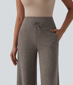 Pantalon casual bootcut gainant taille haute à cordon de serrage en maille côtelée avec poches