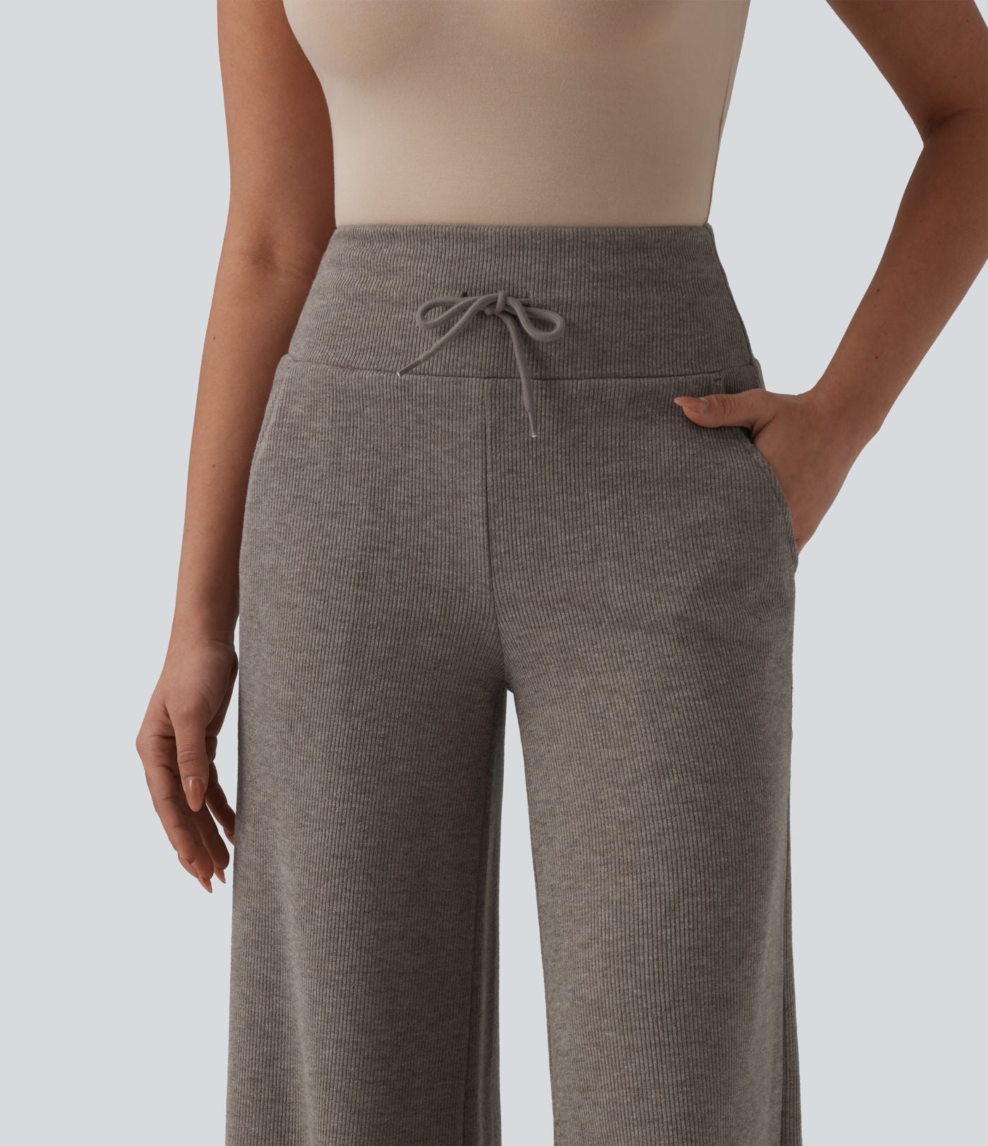 Pantalon casual bootcut gainant taille haute à cordon de serrage en maille côtelée avec poches