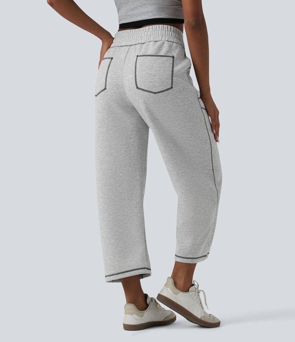 Jogging casual taille haute coupe barrel color block surpiqûres avec poches