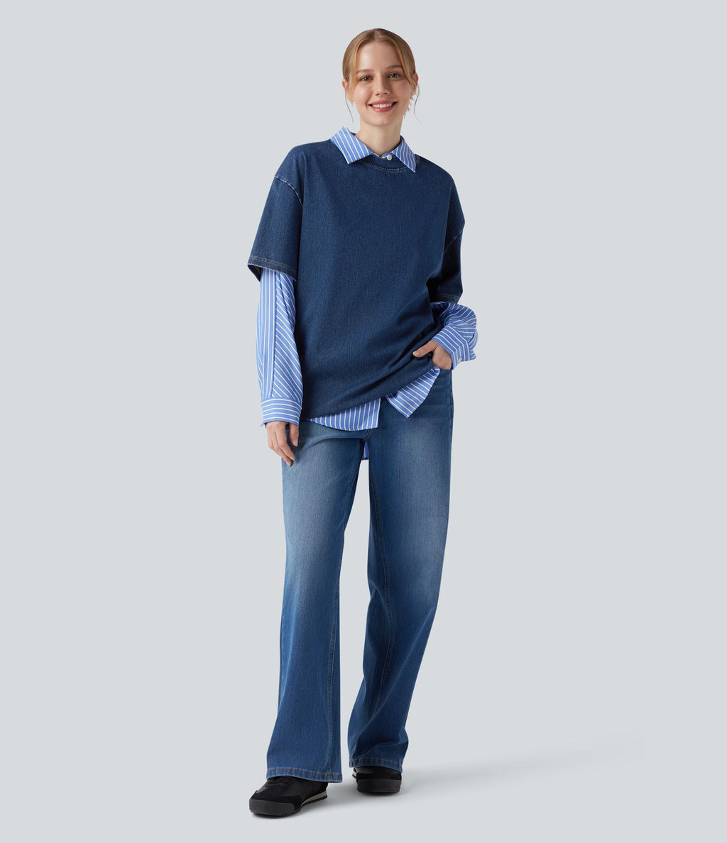 Halara Flex™ T-shirt casual en denim à col rond et manches courtes