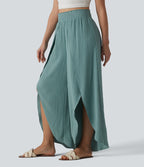 Pantalon large fluide décontracté taille haute aspect lin